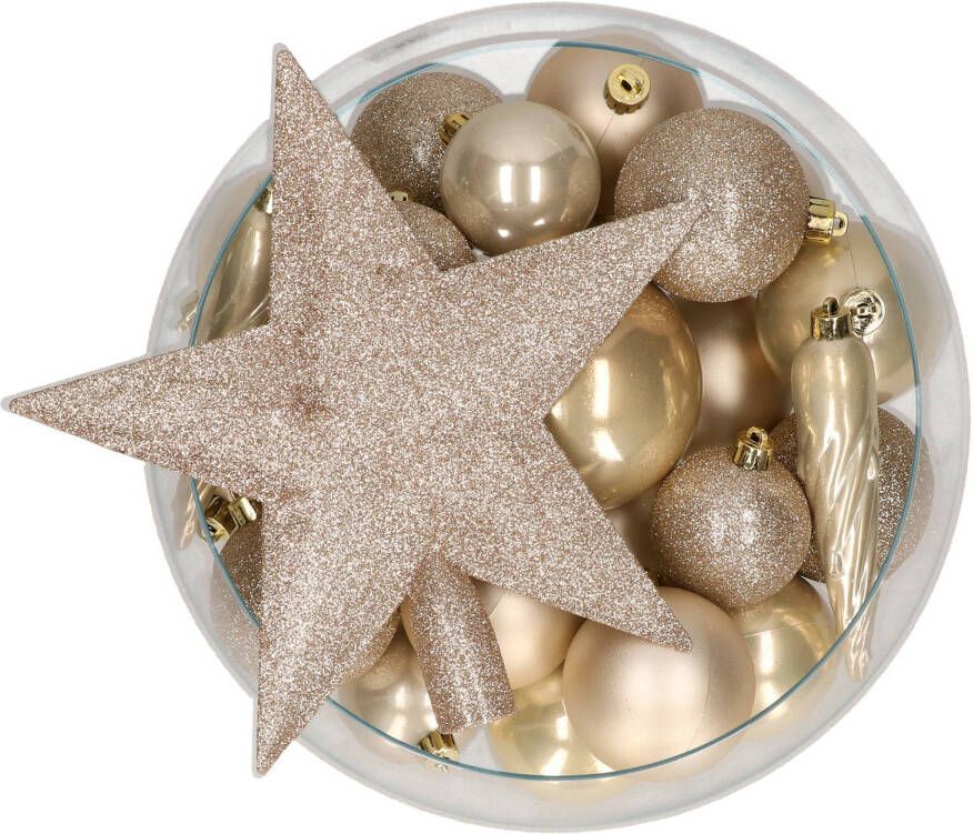 Bellatio Decorations set 33x stuks kunststof kerstballen met ster piek champagne Kerstbal