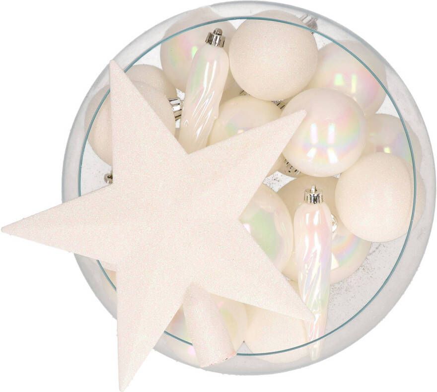 Bellatio Decorations set 33x stuks kunststof kerstballen met ster piek parelmoer wit Kerstbal