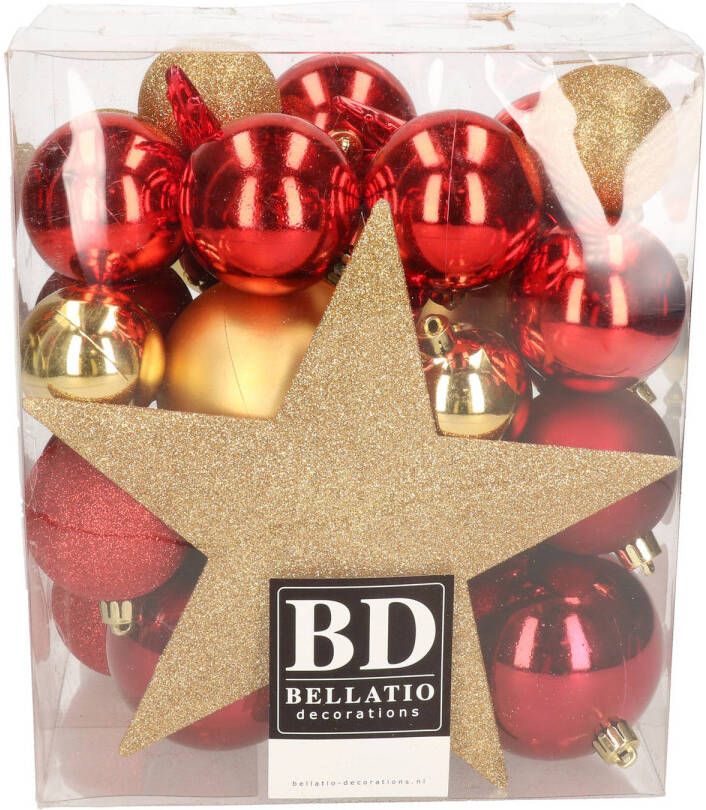 Bellatio Decorations set 33x stuks kunststof kerstballen met ster piek rood en goud Kerstbal