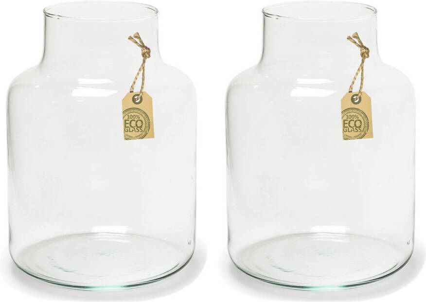 Merkloos Set van 2x transparante melkbus vaas vazen van eco glas 14 x 20 cm Gerecycled glas Woonaccessoires woondecoraties Glazen bloemenvaas Vazen