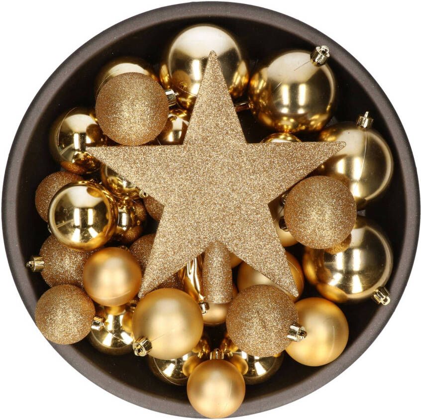 Bellatio Decorations Set van 33x stuks kunststof kerstballen met ster piek goud mix Kerstbal