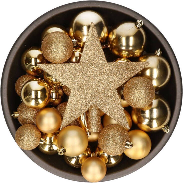 Bellatio Decorations Kerstballen met piek 33 stuks goudkleurig onbreekbaar 5-6-8 cm Kerstbal
