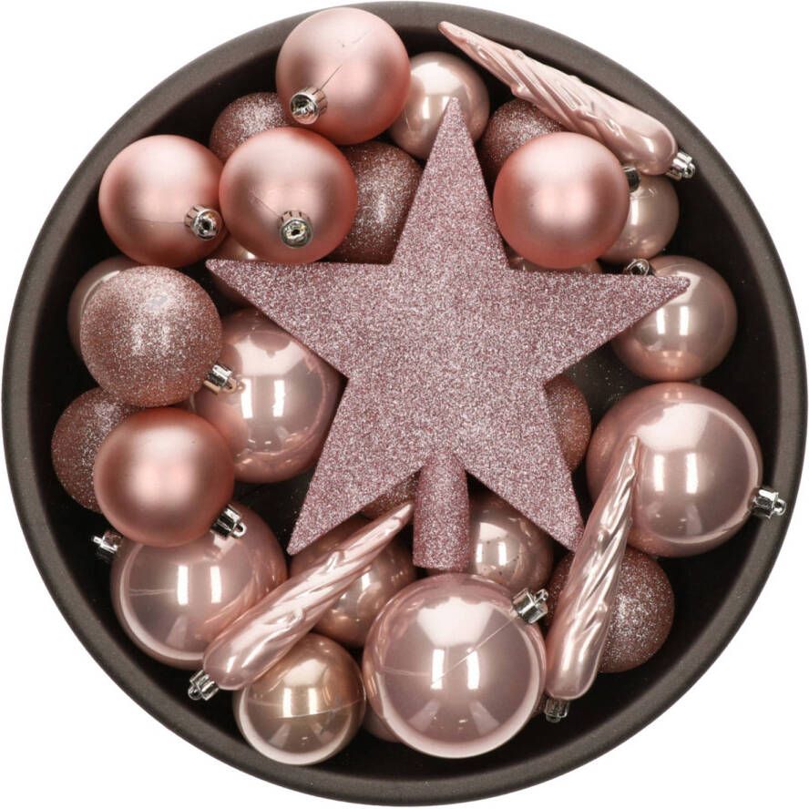 Bellatio Decorations Set van 33x stuks kunststof kerstballen met ster piek lichtroze (blush pink) mix Kerstbal
