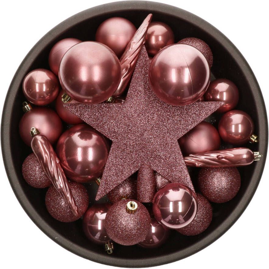 Bellatio Decorations Set van 33x stuks kunststof kerstballen met ster piek oudroze (velvet pink) mix Kerstbal
