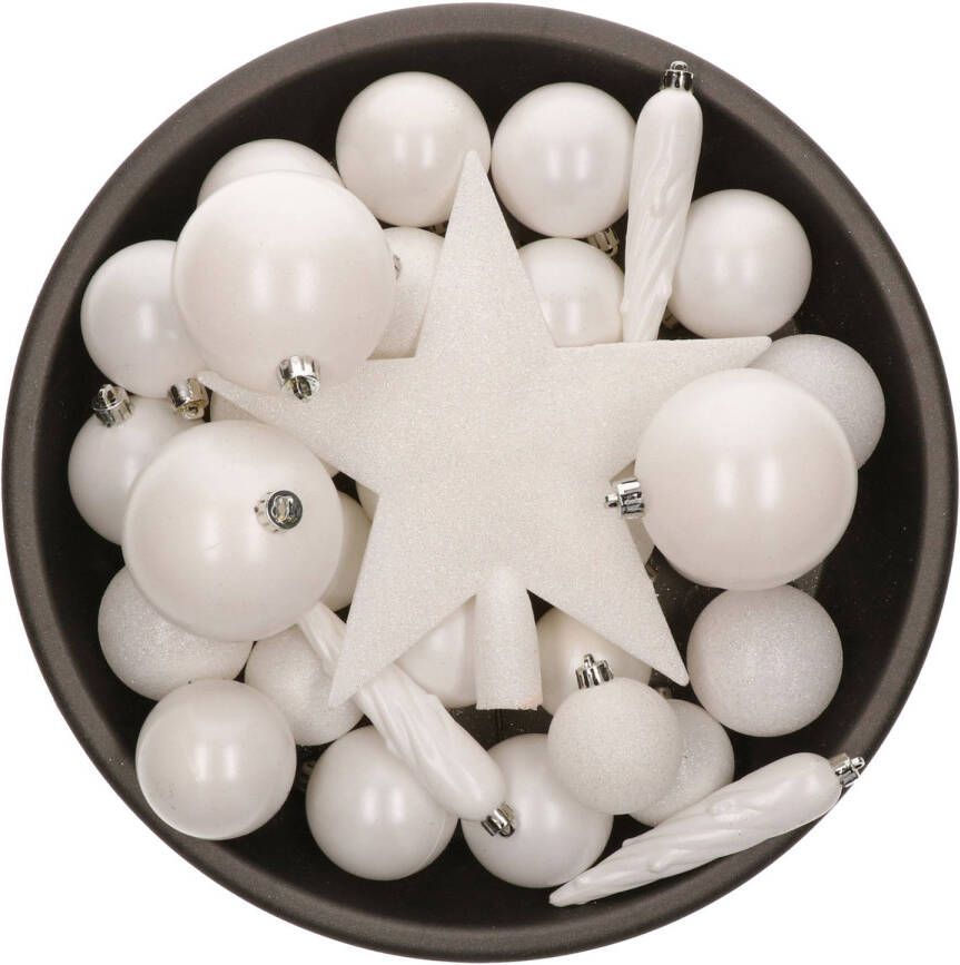Bellatio Decorations Set van 33x stuks kunststof kerstballen met ster piek parelmoer wit mix Kerstbal