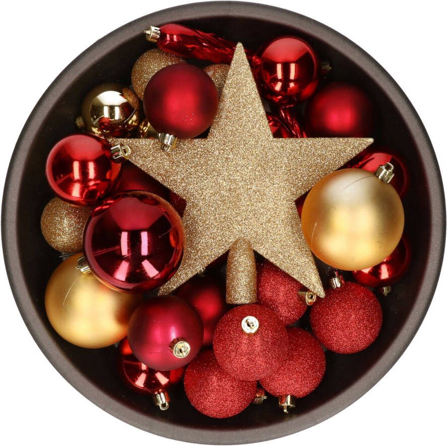 Decoris 33x Gouden rode kunststof kerstballen 5-6-8 cm Mix Onbreekbare plastic kerstballen Kerstboomversiering goud rood