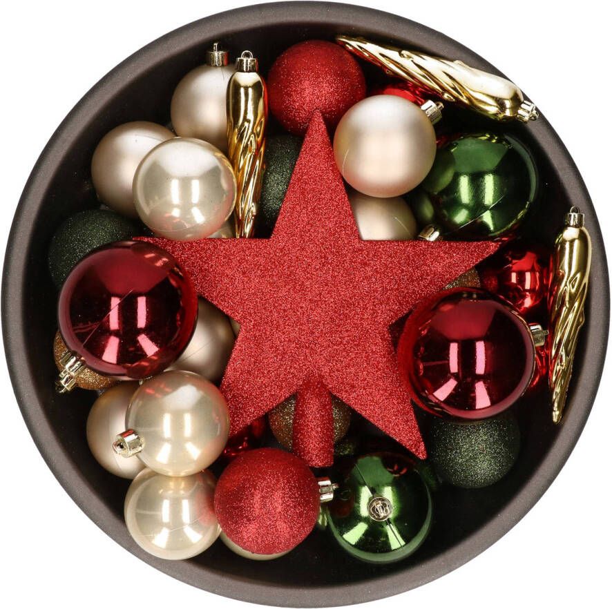 Bellatio Decorations Set van 33x stuks kunststof kerstballen met ster piek rood groen champagne mix Kerstbal