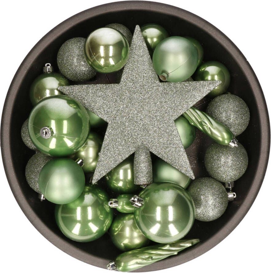 Bellatio Decorations Set van 33x stuks kunststof kerstballen met ster piek salie groen mix Kerstbal