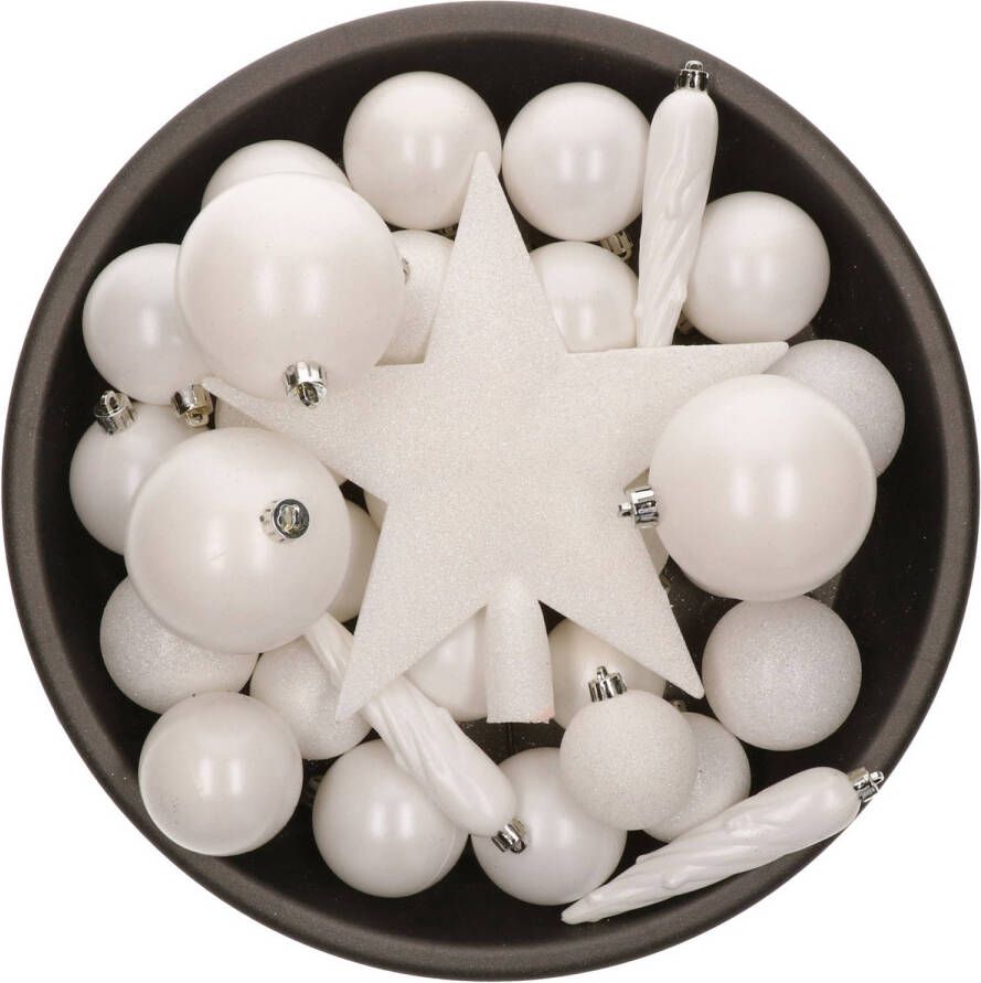 Bellatio Decorations Set van 33x stuks kunststof kerstballen met ster piek wit mix Kerstbal