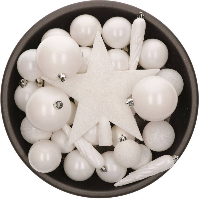 Bellatio Decorations Set van 33x stuks kunststof kerstballen met ster piek wit mix Kerstbal