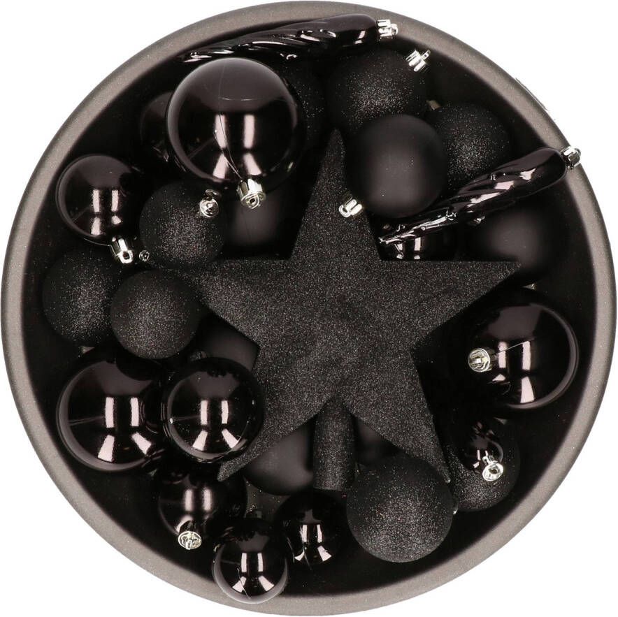 Bellatio Decorations Set van 33x stuks kunststof kerstballen met ster piek zwart mix Kerstbal