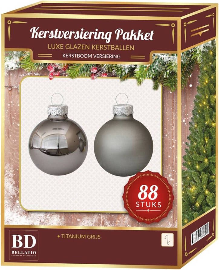 Bellatio Decorations Titanium grijze kerstballen pakket 88-delig Christmas Titan Grey Glass Kerstbal
