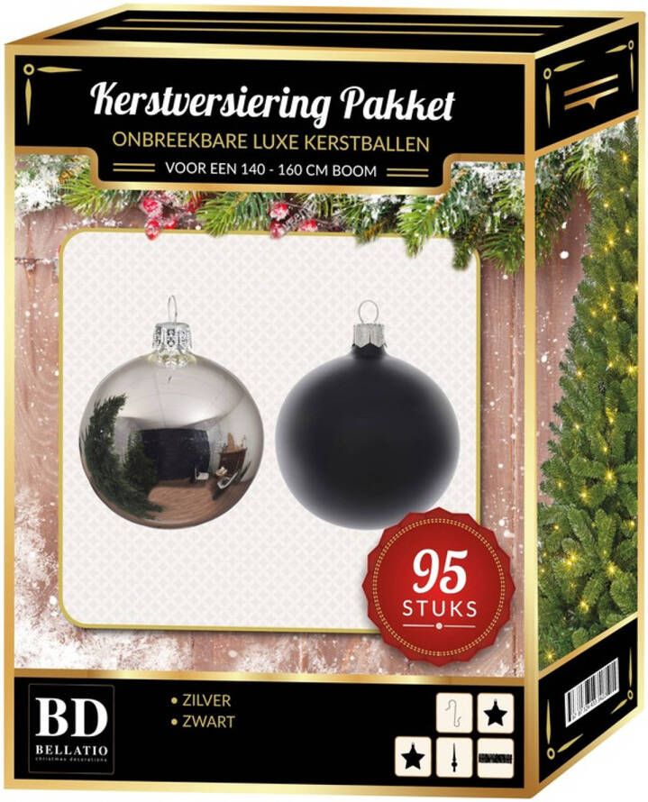 Bellatio Decorations Zilver met zwarte Kerstversiering voor 150 cm boom 95-delig Kerstbal