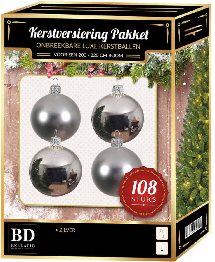 Bellatio Decorations Zilveren kerstballen pakket 108-delig voor 210 cm boom Kerstbal