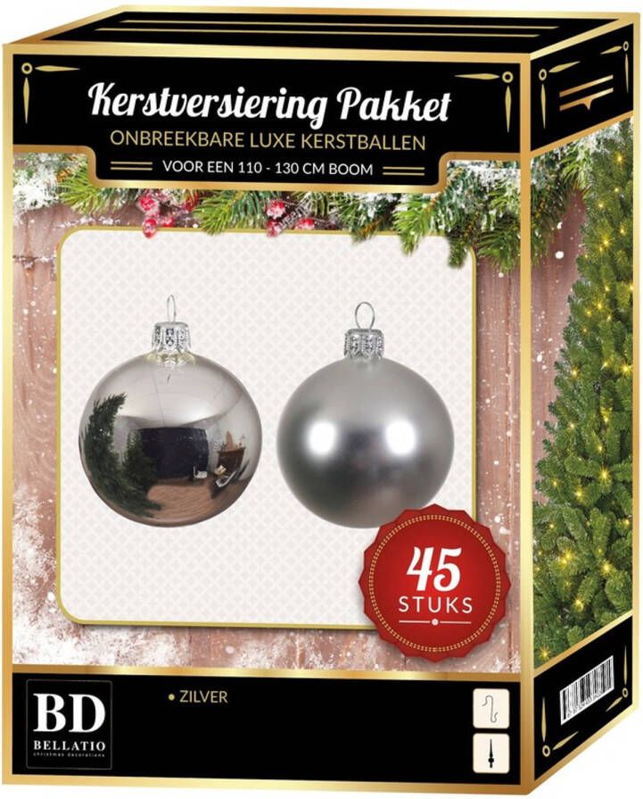 Bellatio Decorations Zilveren kerstballen pakket 45-delig voor 120 cm boom Kerstbal