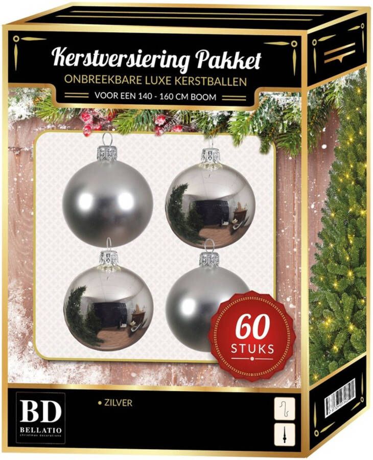 Bellatio Decorations Zilveren kerstballen pakket 60-delig voor 150 cm boom Kerstbal