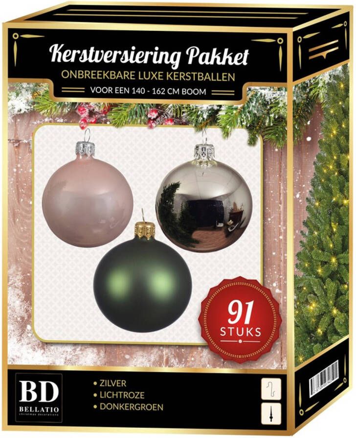 Bellatio Decorations Zilveren donkergroen lichtroze kerstballen pakket 91-delig voor 150 cm boom Kerstbal
