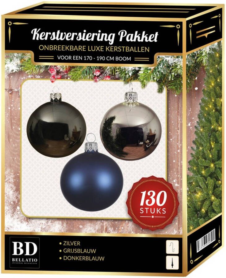 Bellatio Decorations Zilveren grijsblauwe donkerblauwe kerstballen pakket 130-delig voor 180 cm boom Kerstbal