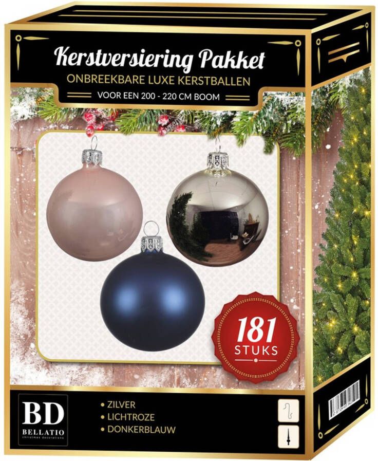 Bellatio Decorations Zilveren roze blauwe kerstballen pakket 181-delig voor 210 cm boom Kerstbal