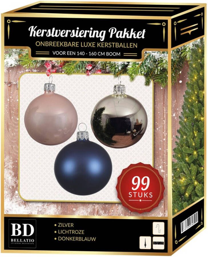 Bellatio Decorations Zilver lichtroze donkerblauw Kerstversiering voor 150 cm boom 99-delig Kerstbal
