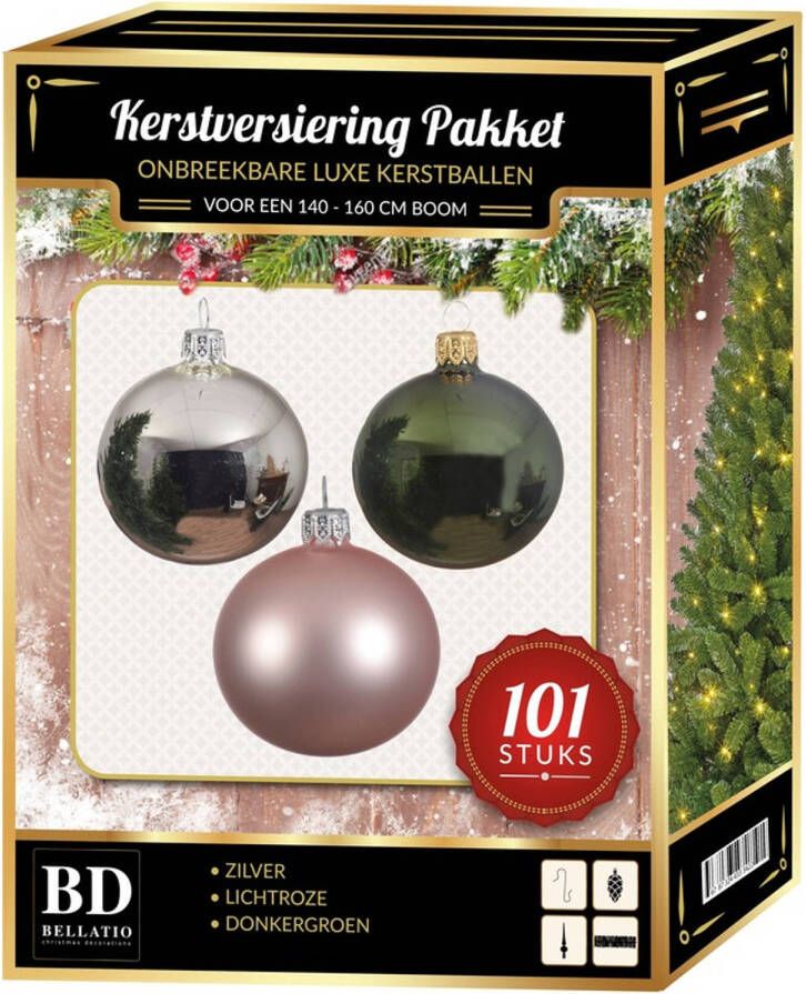 Bellatio Decorations Zilver lichtroze donkergroen Kerstversiering voor 150 cm boom 101-delig Kerstbal