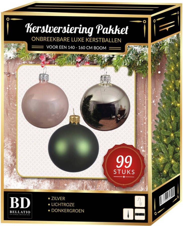 Bellatio Decorations Zilver lichtroze donkergroen Kerstversiering voor 150 cm boom 99-delig Kerstbal