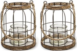 Merkloos Set van 2x stuks transparante vaas vazen met metalen jute kooi 20 x 17 5 cm Woonaccessoires woondecoraties Glazen bloemenvaas Boeketvaas Vazen