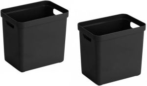 Sunware 2x Zwarte opbergboxen opbergdozen opbergmanden kunststof 25 liter opbergen manden dozen bakken opbergers Opbergbox