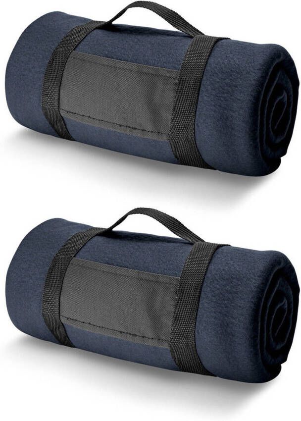 Merkloos 3x Fleece dekens plaids navy met afneembaar handvat 150 x 120 cm Plaids