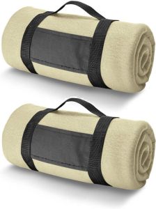 Merkloos 3x Fleece dekens plaids zandkleurig met afneembaar handvat 150 x 120 cm Plaids