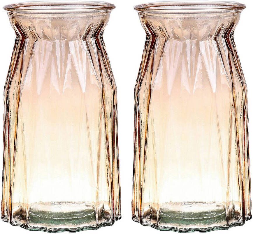 Bellatio Design Bloemenvaas 2x amber bruin transparant glas D12 x H20 cm Vazen