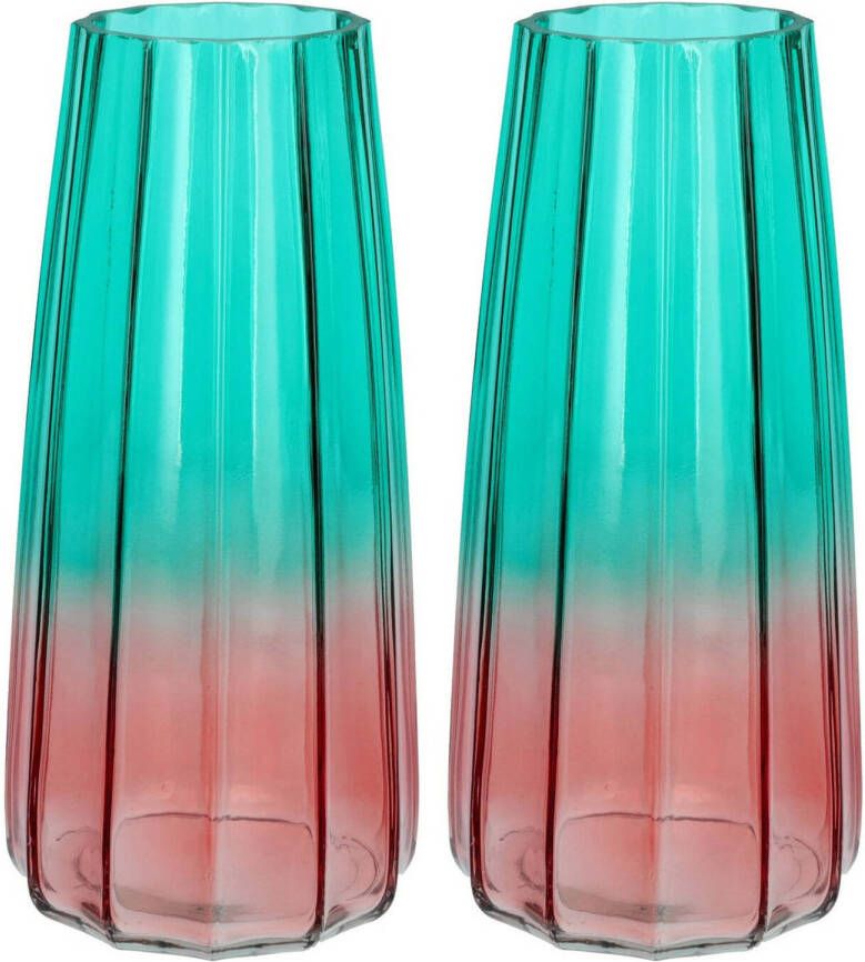Bellatio Design Bloemenvaas 2x blauw roze glas D10 x H21 cm Vazen