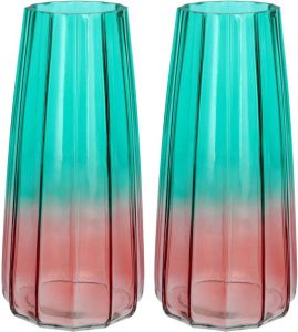 Bellatio Design Bloemenvaas set van 2x blauw roze transparant glas D10 x H21 cm Vazen