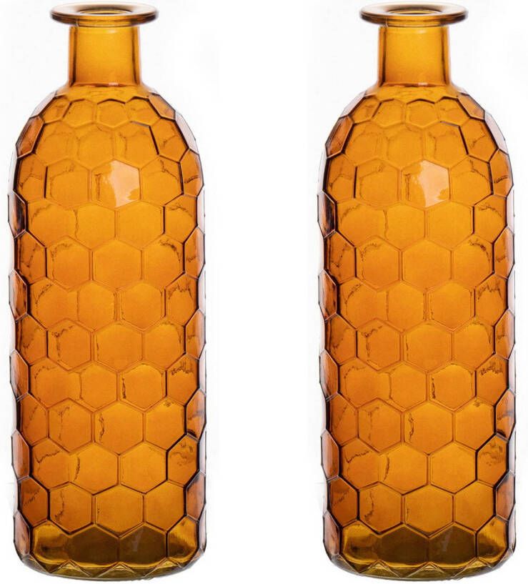Bellatio Design Bloemenvaas 2x oranje transparant glas honingraat D7 x H20 cm Vazen