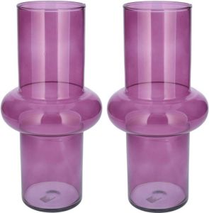 Bellatio Design Bloemenvaas 2x paars transparant gerecycled glas D15 x H31 cm Vazen