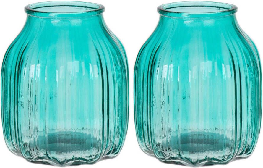 Bellatio Design Bloemenvaas klein set van 2x turquoise blauw transparant glas D14 x H16 cm Vazen