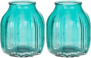 Bellatio Design Bloemenvaas klein set van 2x turquoise blauw transparant glas D14 x H16 cm Vazen