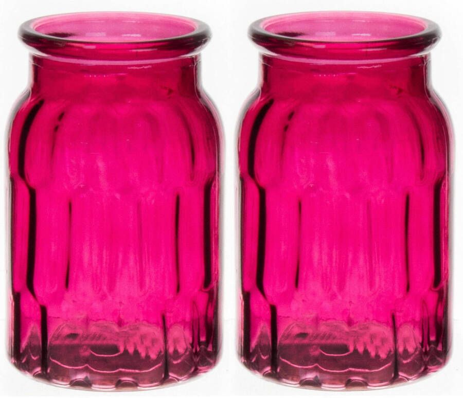 Bellatio Design Bloemenvaas set van 2x fuchsia roze transparant glas D12 x H18 cm Vazen