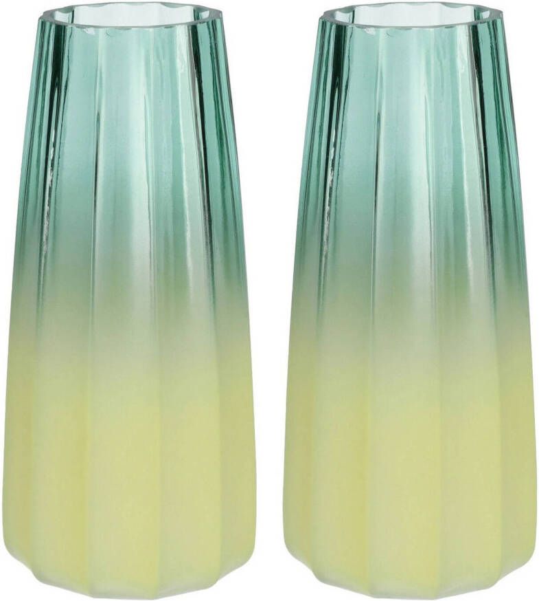 Bellatio Design Bloemenvaas set van 2x groen geel glas D10 x H21 cm Vazen
