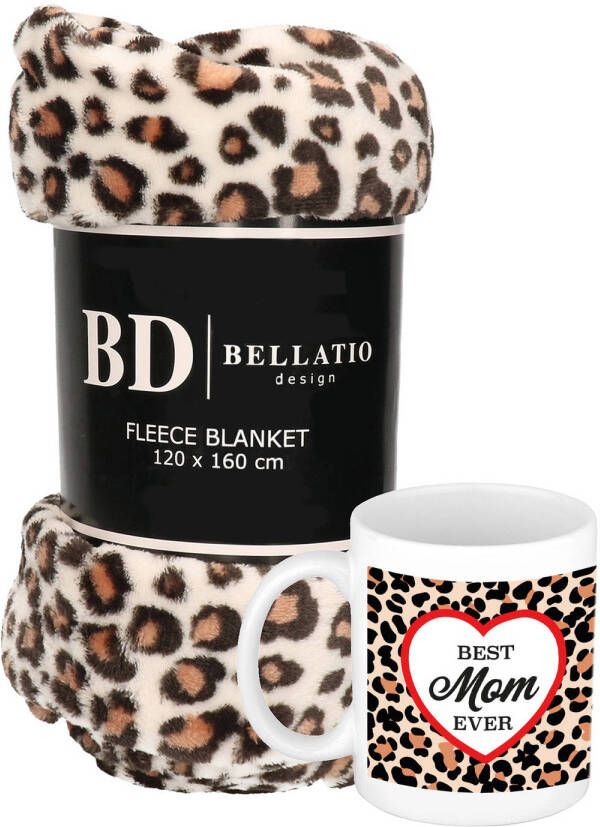 Bellatio Design Cadeau moeder set Fleece plaid deken luipaard print met Best mom ever mok Mama ontspanning cadeau kerst moederdag verjaardag Plaids