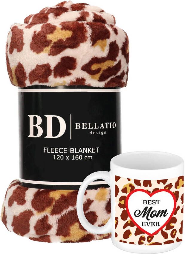 Bellatio Design Cadeau moeder set Fleece plaid deken panter print met Best mom ever panterprint mok Plaids