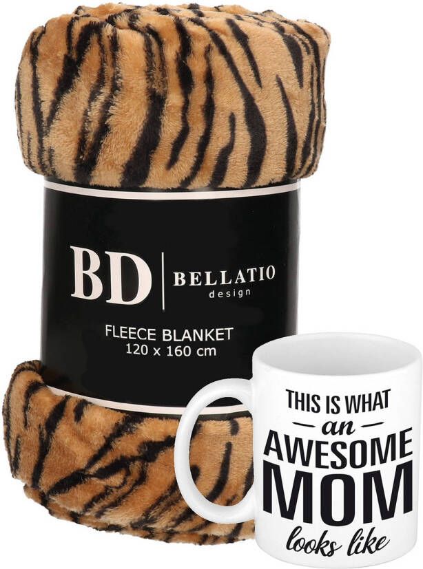 Bellatio Design Cadeau moeder set Fleece plaid deken tijger print met Awesome Mom mok Mama ontspanning cadeau kerst moederdag verjaardag Plaids