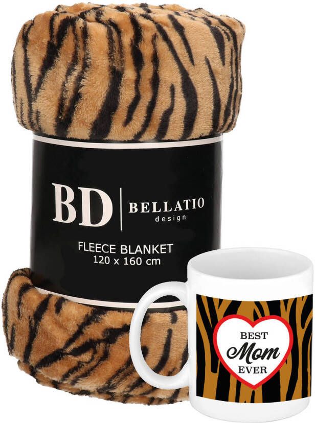 Bellatio Design Cadeau moeder set Fleece plaid deken tijger print met Best mom ever mok Mama ontspanning cadeau kerst moederdag verjaardag Plaids