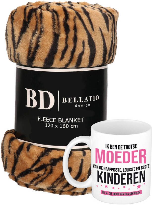 Bellatio Design Cadeau moeder set Fleece plaid deken tijger print met Trotse moeder mok Mama ontspanning cadeau kerst moederdag verjaardag Plaids