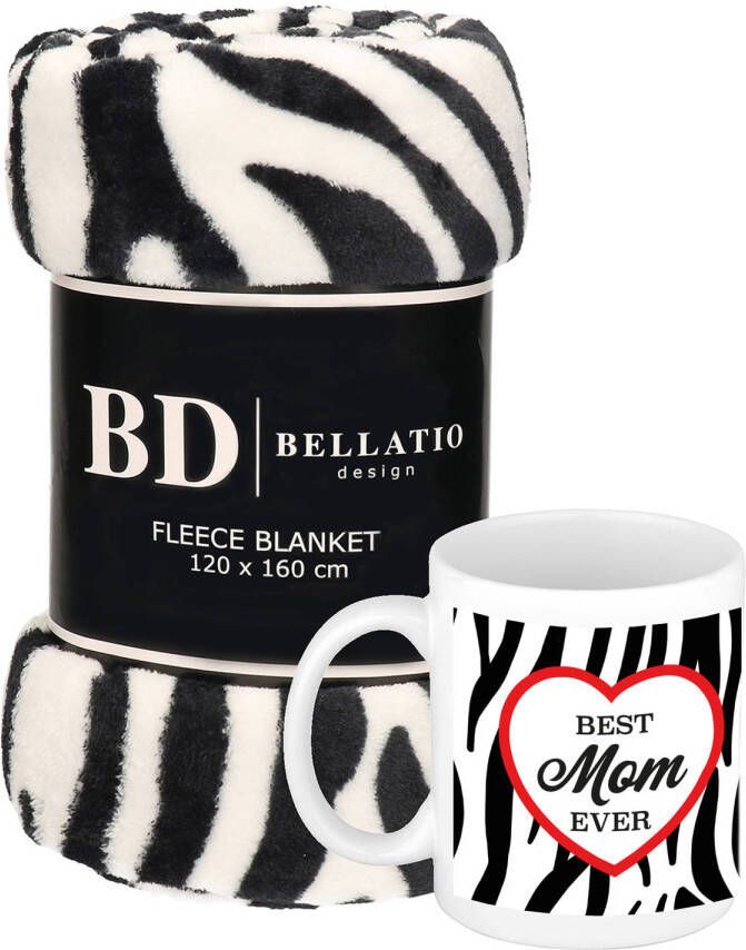 Bellatio Design Cadeau moeder set Fleece plaid deken zebra print met Best mom ever mok Mama ontspanning cadeau kerst moederdag verjaardag Plaids