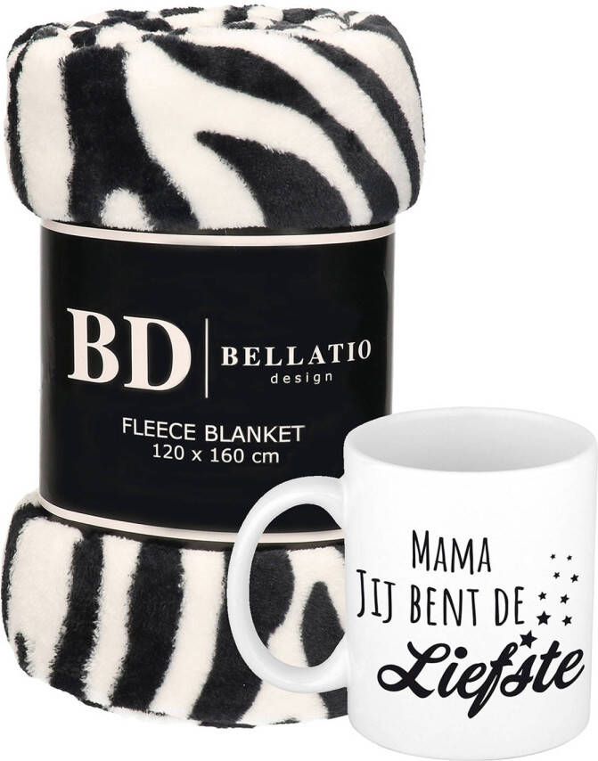 Bellatio Design Cadeau moeder set Fleece plaid deken zebra print met Mama jij bent de liefste mok Plaids