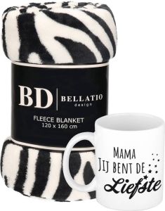 Bellatio Design Cadeau moeder set Fleece plaid deken zebra print met Mama jij bent de liefste mok Mama ontspanning cadeau kerst moederdag verjaardag Plaids