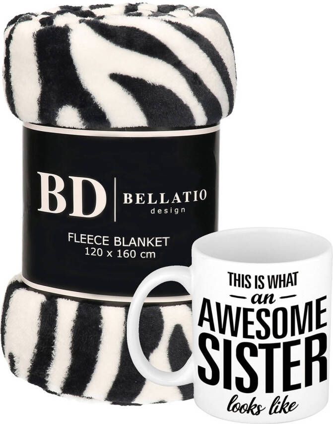 Bellatio Design Cadeau zus set Fleece plaid deken zebra print met Awesome Sister mok Zussen ontspanning cadeau kerst Sint verjaardag Plaids