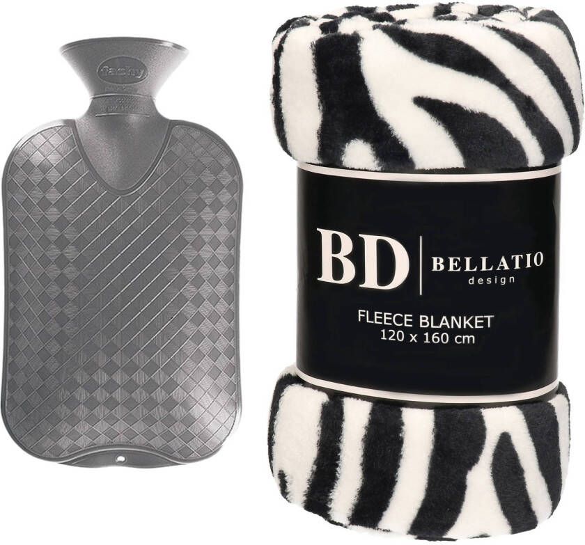 Bellatio Design Fleece deken plaid Zebra 120 x 160 cm en een warmwater kruik 2 liter Plaids