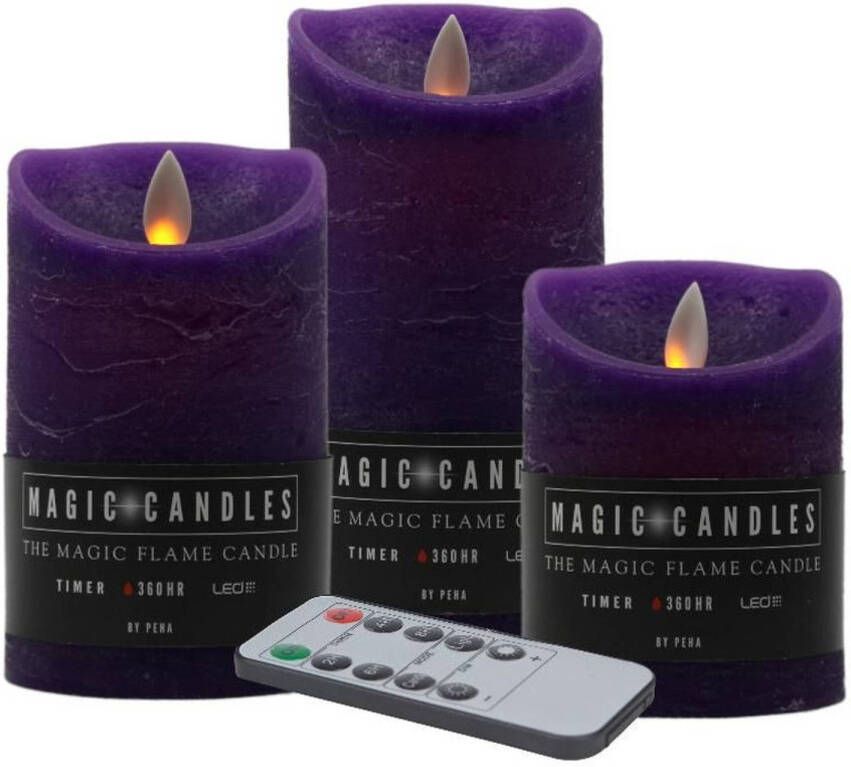 Magic Flame Kaarsen set van 3x stuks LED stompkaarsen paars met afstandsbediening LED kaarsen